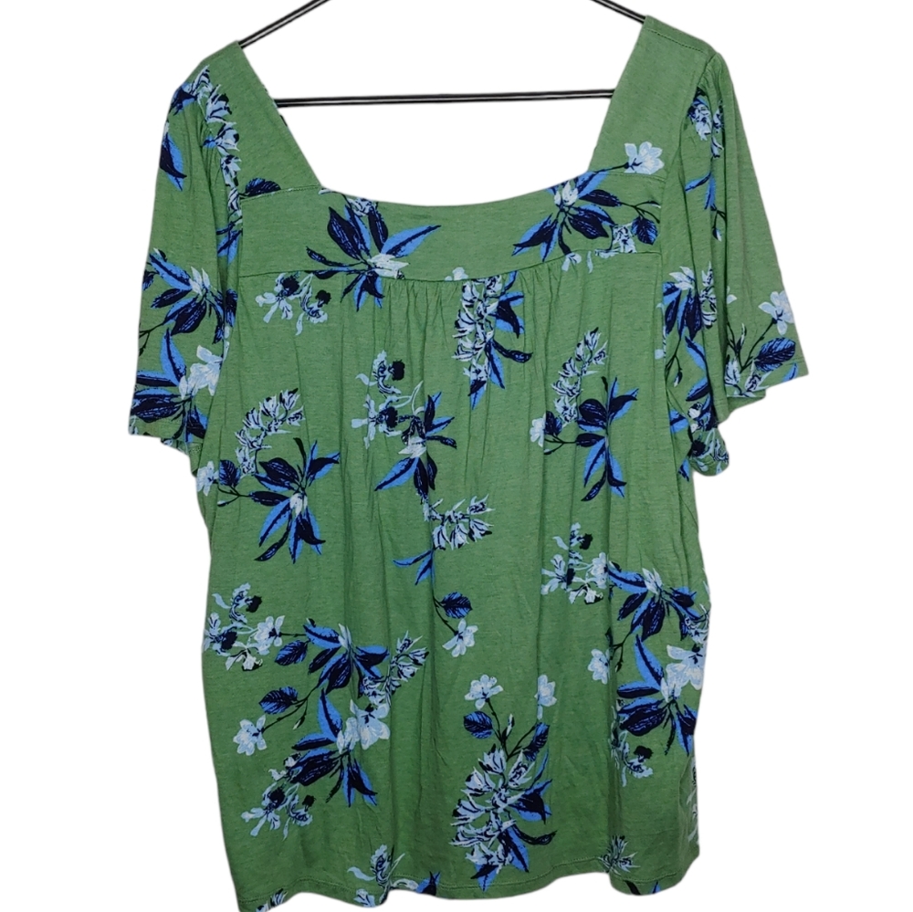 Lucky Brand Green Floral Square Neck Short Sleeve Blouse Size XXL New With Tags - Picture 2 of 16